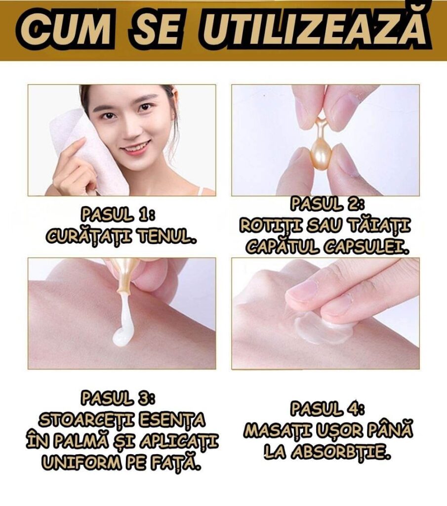 pasul 1 curatati tenul. pasul 2 rotiti sau taiati capatul capsulei. pasul 3 stoarceti esenta in palma si aplicati uniform pe fata. pasul 4 masati usor pana la absorbtie
